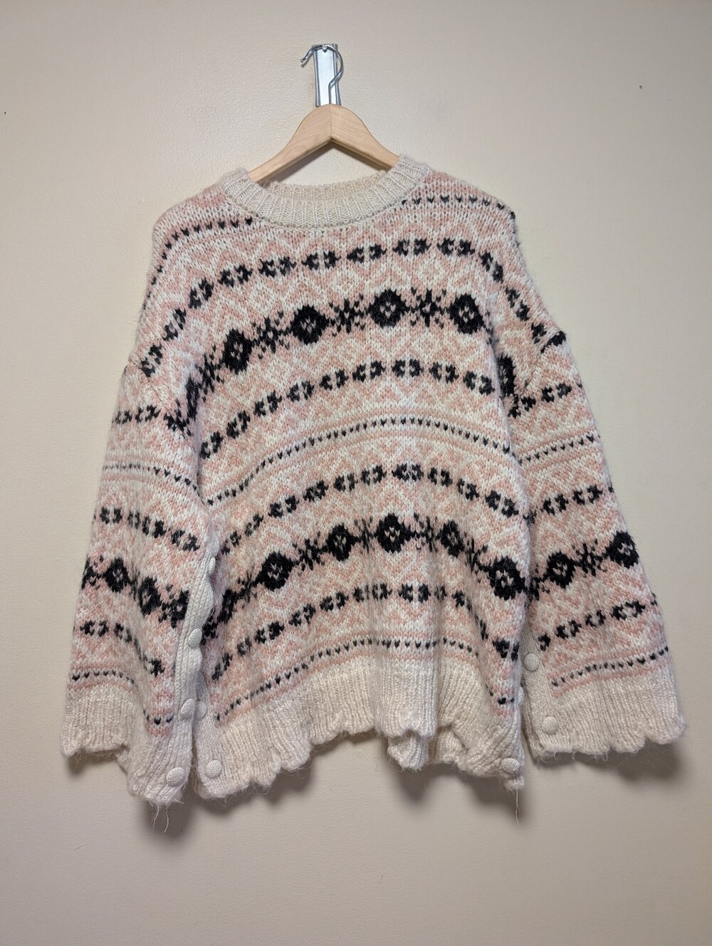 Zara Fair Isle Oversized Knit Sweater Pink Cream Black Wool Alpaca M/L